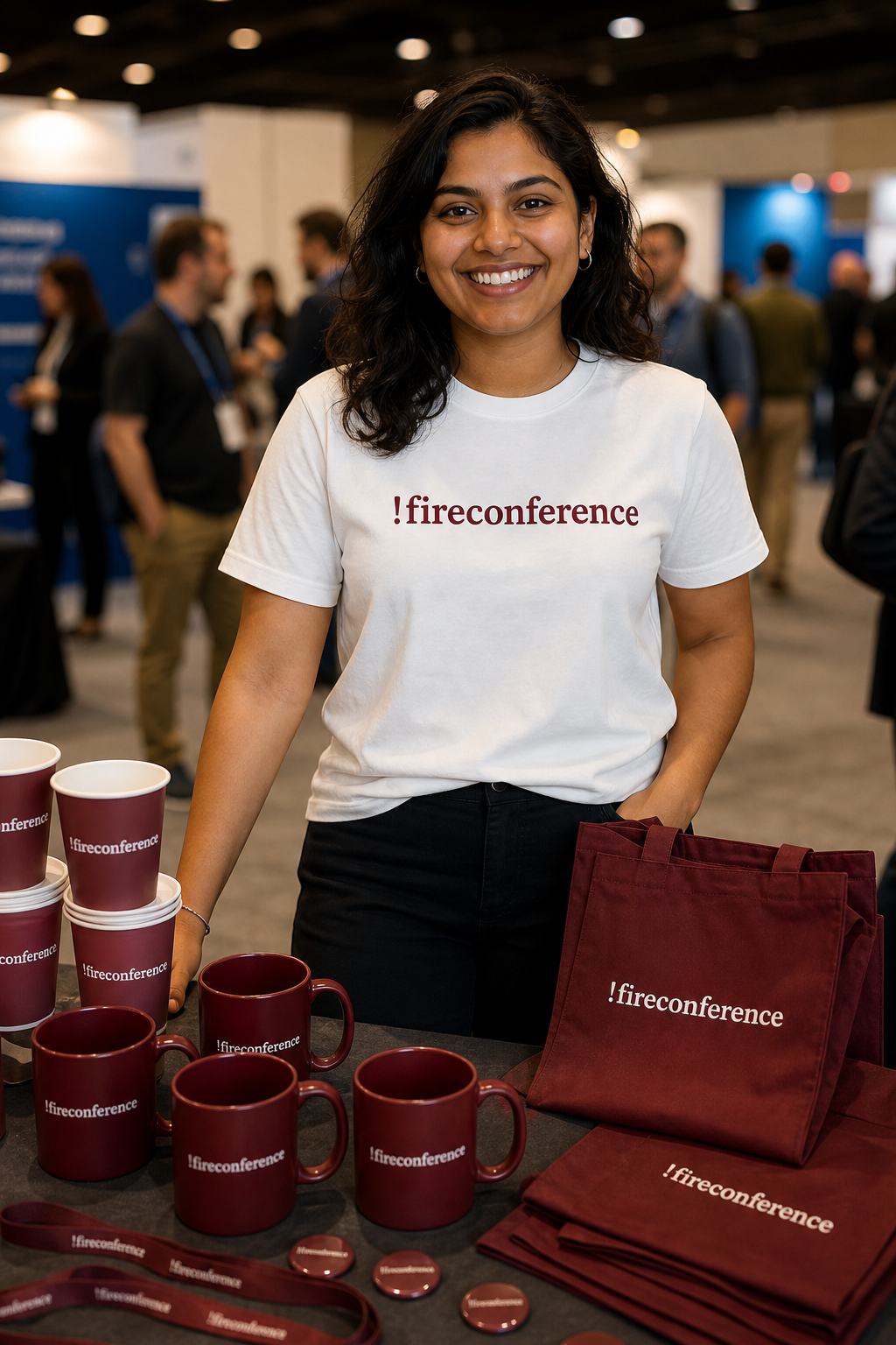 Conference attendee wearing a !fireconference T-shirt beside souvenir cups and event merchandise on a display table