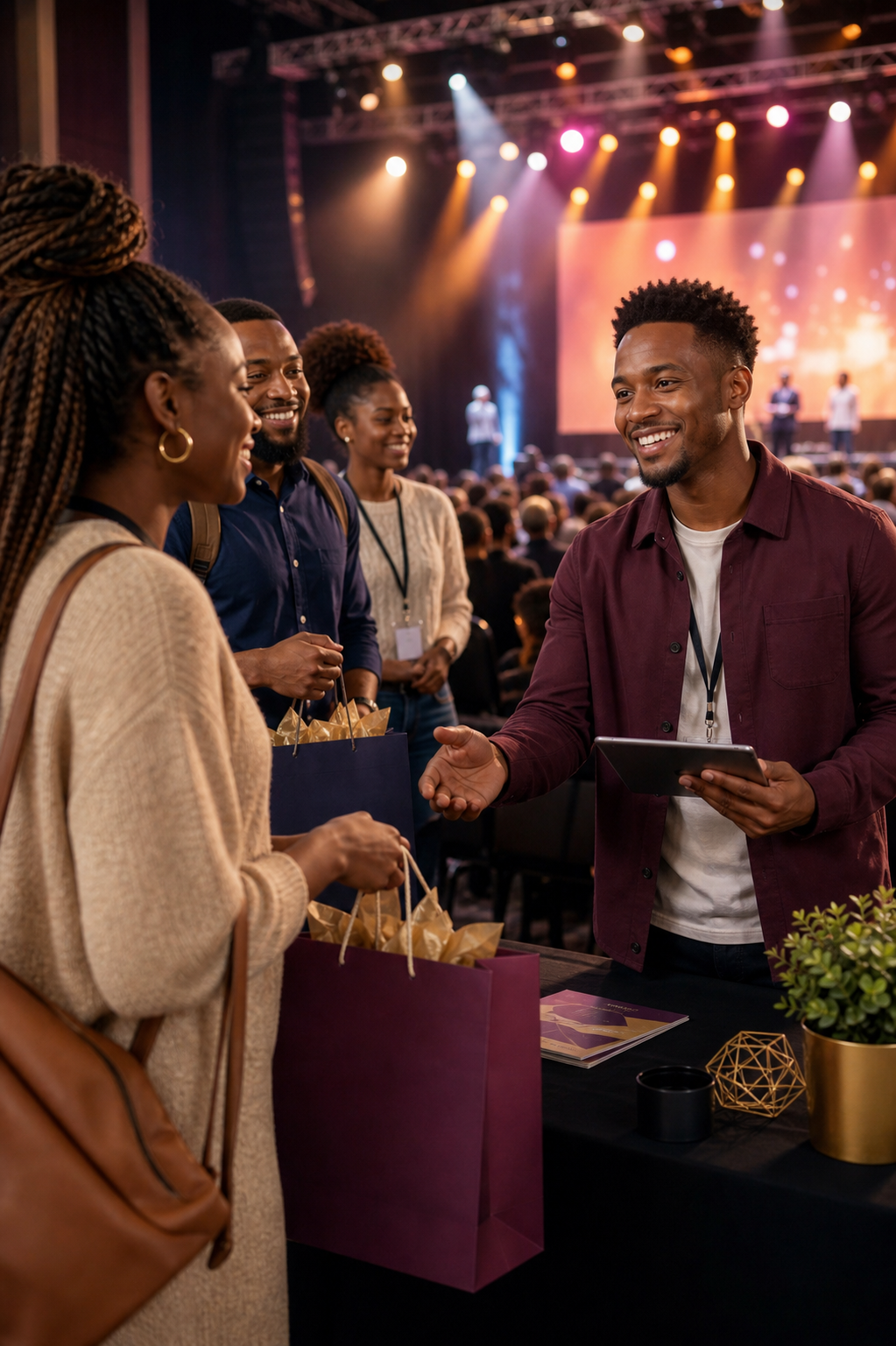 Event organizer welcoming guests with gift bags at a conference check-in table