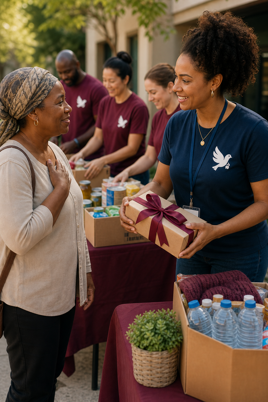 NGO coordinator giving a care package to a community member while volunteers organize supplies