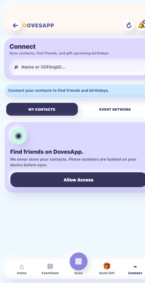 Connect screen with contacts, birthdays, and invitations