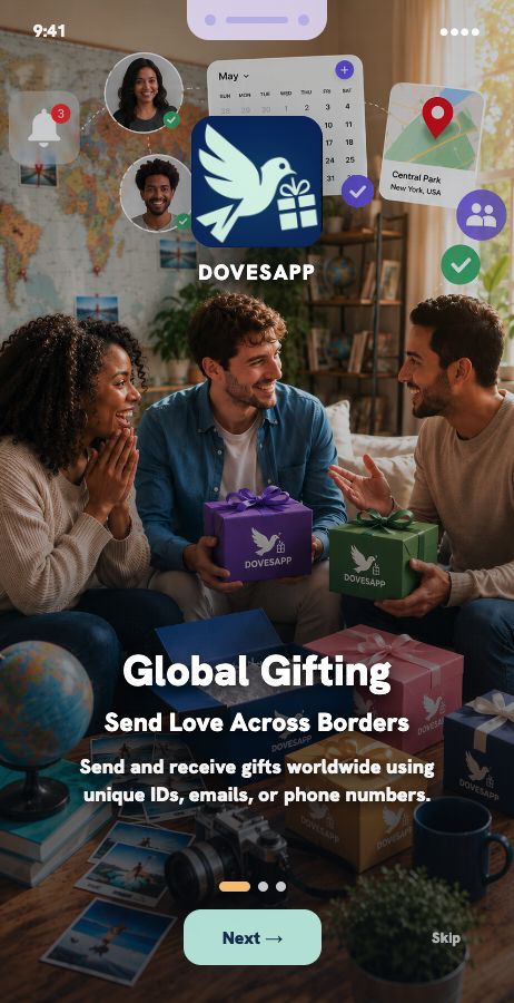 DovesApp global gifting intro slide