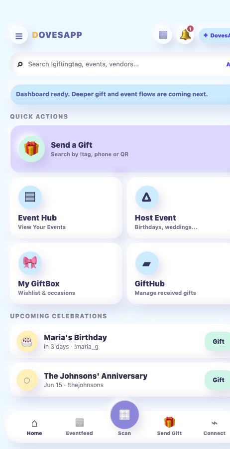 DovesApp Home command center screen