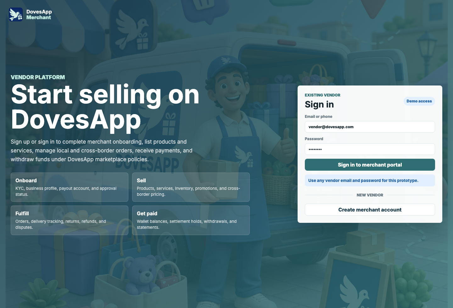 DovesApp merchant dashboard preview