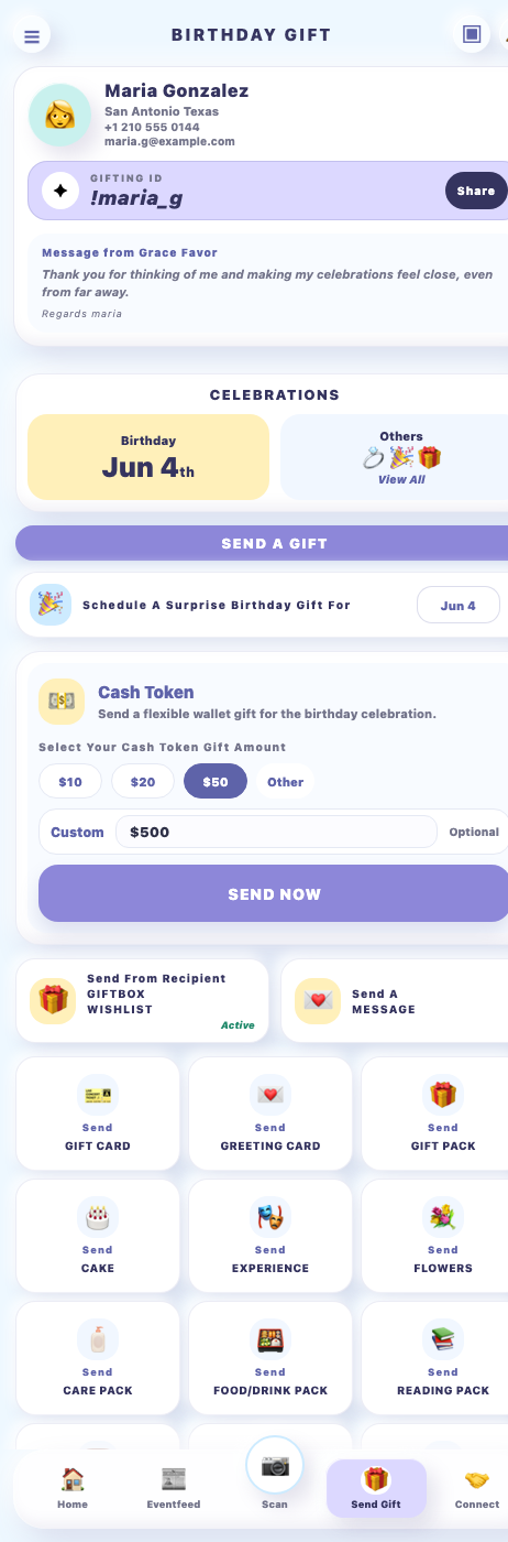 Public birthday gifting profile screen
