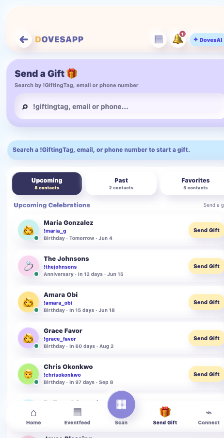 Send Gift search and recipient discovery screen
